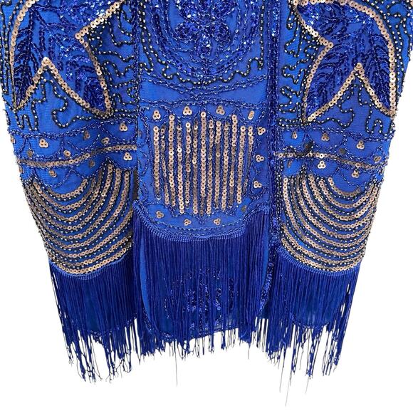 Unique Vintage Royal Blue Flapper Mini Dress S Beaded Sequin Fringe NWT - Picture 3 of 10